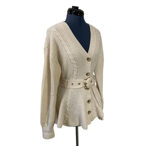 Anthropologie Maeve Cream Cableknit Peplum Belted Cardigan Cozy Career Classic M - Picture 3 of 12